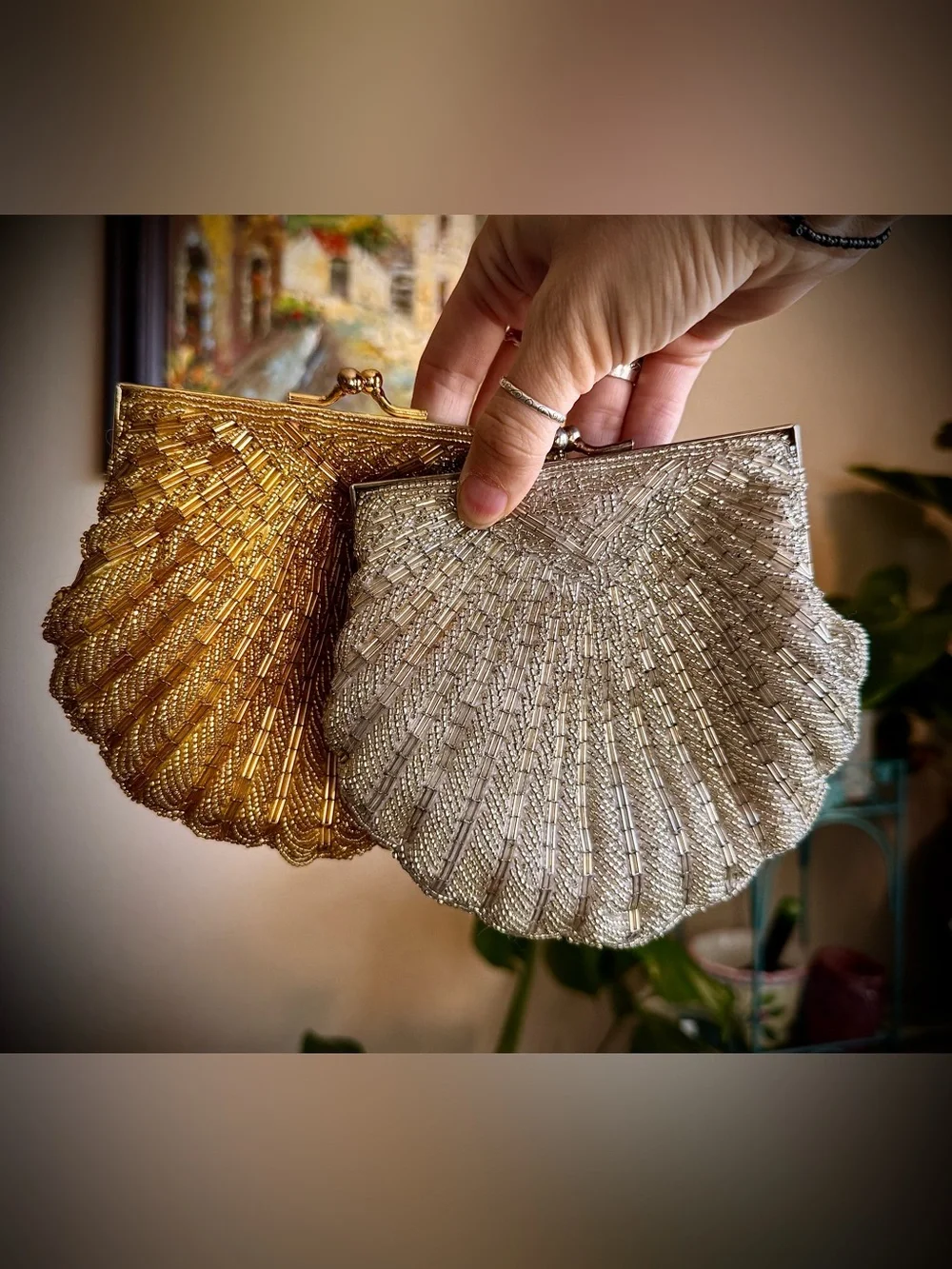 SET Of 2 Vintage Seashell Gold Silver Fully Beaded Bags Crossbody Clutch